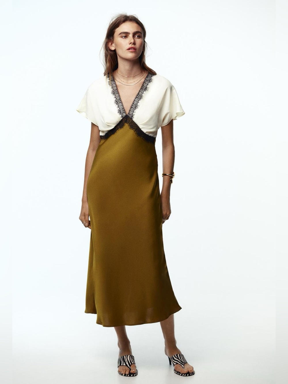 NWT. Zara Ecru/Khaki Satin Effect Midi Dress with Lace/Contrasting Trim. Size S. - Picture 1 of 12